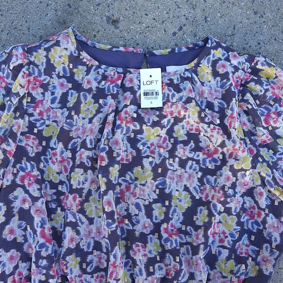 LOFT NWT Floral Sheer Long Sleeve Mini Dress Small Ruffled Tiered Hem - Picture 2 of 12